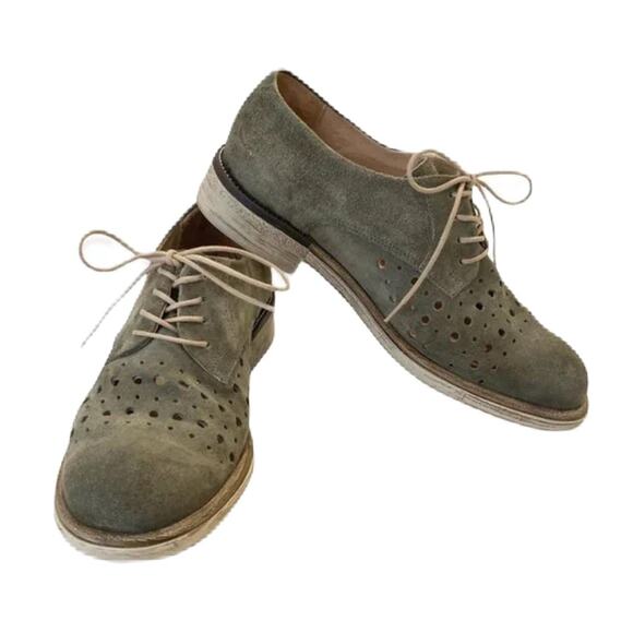 Miz Mooz Handcrafted Suede Oxford Chic Brogue Perforation Flat Loafers Shoes 9.5